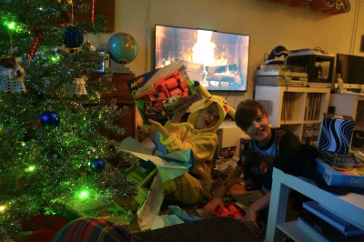 Opening presents Christmas Day